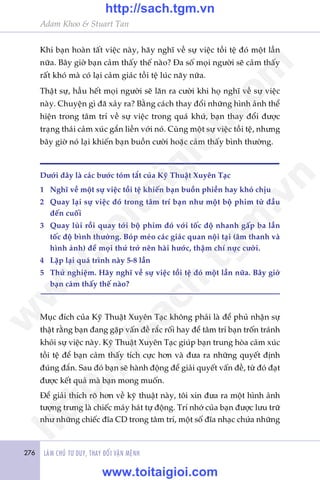 276 LAÂM CHUÃ TÛ DUY, THAY ÀÖÍI VÊÅN MÏÅNH
Adam Khoo & Stuart Tan
Khi baån hoaân têët viïåc naây, haäy nghô vïì sûå viïåc töìi tïå àoá möåt lêìn
nûäa. Bêy giúâ baån caãm thêëy thïë naâo? Àa söë moåi ngûúâi seä caãm thêëy
rêët khoá maâ coá laåi caãm giaác töìi tïå luác naäy nûäa.
Thêåt sûå, hêìu hïët moåi ngûúâi seä lùn ra cûúâi khi hoå nghô vïì sûå viïåc
naây. Chuyïån gò àaä xaãy ra? Bùçng caách thay àöíi nhûäng hònh aãnh thïí
hiïån trong têm trñ vïì sûå viïåc trong quaá khûá, baån thay àöíi àûúåc
traång thaái caãm xuác gùæn liïìn vúái noá. Cuâng möåt sûå viïåc töìi tïå, nhûng
bêy giúâ noá laåi khiïën baån buöìn cûúâi hoùåc caãm thêëy bònh thûúâng.
Muåc àñch cuãa Kyä Thuêåt Xuyïn Taåc khöng phaãi laâ àïí phuã nhêån sûå
thêåt rùçng baån àang gùåp vêën àïì rùæc röëi hay àïí têm trñ baån tröën traánh
khoãi sûå viïåc naây. Kyä Thuêåt Xuyïn Taåc giuáp baån trung hoâa caãm xuác
töìi tïå àïí baån caãm thêëy tñch cûåc hún vaâ àûa ra nhûäng quyïët àõnh
àuáng àùæn. Sau àoá baån seä haânh àöång àïí giaãi quyïët vêën àïì, tûâ àoá àaåt
àûúåc kïët quaã maâ baån mong muöën.
Àïí giaãi thñch roä hún vïì kyä thuêåt naây, töi xin àûa ra möåt hònh aãnh
tûúång trûng laâ chiïëc maáy haát tûå àöång. Trñ nhúá cuãa baån àûúåc lûu trûä
nhû nhûäng chiïëc àôa CD trong têm trñ, möåt söë àôa nhaåc chûáa nhûäng
Dûúái àêy laâ caác bûúác toám tùæt cuãa Kyä Thuêåt Xuyïn Taåc
1 	 Nghô vïì möåt sûå viïåc töìi tïå khiïën baån buöìn phiïìn hay khoá chõu
2 	 Quay laåi sûå viïåc àoá trong têm trñ baån nhû möåt böå phim tûâ àêìu
àïën cuöëi
3 	 Quay luâi röìi quay túái böå phim àoá vúái töëc àöå nhanh gêëp ba lêìn
töëc àöå bònh thûúâng. Boáp meáo caác giaác quan nöåi taåi (êm thanh vaâ
hònh aãnh) àïí moåi thûá trúã nïn haâi hûúác, thêåm chñ nûåc cûúâi.
4 	 Lùåp laåi quaá trònh naây 5-8 lêìn
5 	 Thûã nghiïåm. Haäy nghô vïì sûå viïåc töìi tïå àoá möåt lêìn nûäa. Bêy giúâ
baån caãm thêëy thïë naâo?
w
w
w
.toitaigioi.com
http://sach.tgm
.vn
http://sach.tgm.vn
www.toitaigioi.com
 