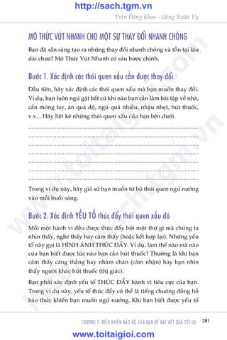 CHÛÚNG 7: ÀIÏÌU KHIÏÍN NAÄO BÖÅ CUÃA BAÅN ÀÏÍ ÀAÅT KÏËT QUAÃ TÖËI ÛU 281
Trêìn Àùng Khoa - Uöng Xuên Vy
MÖ THÛÁC VUÁT NHANH CHO MÖÅT SÛÅ THAY ÀÖÍI NHANH CHOÁNG
Baån àaä sùén saâng taåo ra nhûäng thay àöíi nhanh choáng vaâ töìn taåi lêu
daâi chûa? Mö Thûác Vuát Nhanh coá saáu bûúác chñnh.
Bûúác 1. Xaác àõnh caác thoái quen xêëu cêìn àûúåc thay àöíi
Àêìu tiïn, haäy xaác àõnh caác thoái quen xêëu maâ baån muöën thay àöíi.
Vñ duå, baån luön nguã gêåt bêët cûá khi naâo baån cêìn laâm baâi têåp vïì nhaâ,
cùæn moáng tay, ùn quaá àöå, nguã quaá nhiïìu, nhêåu nheåt, huát thuöëc,
v.v... Haäy liïåt kï nhûäng thoái quen xêëu cuãa baån bïn dûúái.
.............................................................................................................
.............................................................................................................
.............................................................................................................
.............................................................................................................
.............................................................................................................
.............................................................................................................
.............................................................................................................
Trong vñ duå naây, haäy giaã sûã baån muöën tûâ boã thoái quen nguã nûúáng
vaâo möîi buöíi saáng.
Bûúác 2. Xaác àõnh YÏËU TÖË thuác àêíy thoái quen xêëu àoá
Möîi möåt haânh vi àïìu àûúåc thuác àêíy búãi möåt thûá gò maâ chuáng ta
nhòn thêëy, nghe thêëy hay caãm thêëy (hoùåc kïët húåp laåi). Nhûäng yïëu
töë naây goåi laâ HÒNH AÃNH THUÁC ÀÊÍY. Vñ duå, laâm thïë naâo maâ naäo
cuãa baån biïët àûúåc luác naâo baån cêìn huát thuöëc? Thûúâng laâ khi baån
caãm thêëy cùng thùèng hay nhaâm chaán (caãm nhêån) hay baån nhòn
thêëy ngûúâi khaác huát thuöëc (thõ giaác).
Baån phaãi xaác àõnh yïëu töë THUÁC ÀÊÍY haânh vi tiïu cûåc cuãa baån.
Trong vñ duå naây, yïëu töë thuác àêíy coá thïí laâ tiïëng chuöng àöìng höì
baáo thûác khiïën baån muöën nguã nûúáng. Khi baån biïët àûúåc yïëu töë
w
w
w
.toitaigioi.com
http://sach.tgm
.vn
http://sach.tgm.vn
www.toitaigioi.com
 
