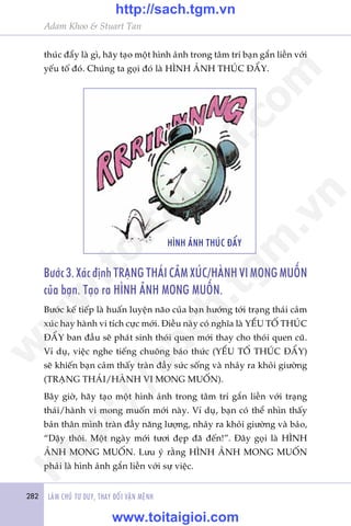 282 LAÂM CHUÃ TÛ DUY, THAY ÀÖÍI VÊÅN MÏÅNH
Adam Khoo & Stuart Tan
thuác àêíy laâ gò, haäy taåo möåt hònh aãnh trong têm trñ baån gùæn liïìn vúái
yïëu töë àoá. Chuáng ta goåi àoá laâ HÒNH AÃNH THUÁC ÀÊÍY.
Bûúác 3. Xaác àõnh TRAÅNG THAÁI CAÃM XUÁC/HAÂNH VI MONG MUÖËN
cuãa baån. Taåo ra HÒNH AÃNH MONG MUÖËN.
Bûúác kïë tiïëp laâ huêën luyïån naäo cuãa baån hûúáng túái traång thaái caãm
xuác hay haânh vi tñch cûåc múái. Àiïìu naây coá nghôa laâ YÏËU TÖË THUÁC
ÀÊÍY ban àêìu seä phaát sinh thoái quen múái thay cho thoái quen cuä.
Vñ duå, viïåc nghe tiïëng chuöng baáo thûác (YÏËU TÖË THUÁC ÀÊÍY)
seä khiïën baån caãm thêëy traân àêìy sûác söëng vaâ nhaãy ra khoãi giûúâng
(TRAÅNG THAÁI/HAÂNH VI MONG MUÖËN).
Bêy giúâ, haäy taåo möåt hònh aãnh trong têm trñ gùæn liïìn vúái traång
thaái/haânh vi mong muöën múái naây. Vñ duå, baån coá thïí nhòn thêëy
baãn thên mònh traân àêìy nùng lûúång, nhaãy ra khoãi giûúâng vaâ baão,
“Dêåy thöi. Möåt ngaây múái tûúi àeåp àaä àïën!”. Àêy goåi laâ HÒNH
AÃNH MONG MUÖËN. Lûu yá rùçng HÒNH AÃNH MONG MUÖËN
phaãi laâ hònh aãnh gùæn liïìn vúái sûå viïåc.
HÒNH AÃNH THUÁC ÀÊÍY
w
w
w
.toitaigioi.com
http://sach.tgm
.vn
http://sach.tgm.vn
www.toitaigioi.com
 