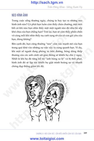 289
Trêìn Àùng Khoa - Uöng Xuên Vy
CHÛÚNG 8: NEO CAÃM XUÁC: CÊÌN ÀIÏÌU KHIÏÍN CAÃM XUÁC CUÃA BAÅN
NEO HÒNH AÃNH
Trong cuöåc söëng thûúâng ngaây, chuáng ta hay taåo ra nhûäng neo
hònh aãnh naâo? Coá phaãi baån luön caãm thêëy chaán chûúâng, mïåt moãi
bêët cûá khi naâo baån nhòn thêëy mùåt möåt ngûúâi naâo àoá nhû baâ sïëp
khoá chõu cuãa baån chùèng haån? Traái laåi, baån seä caãm thêëy phêën chêën
vö cuâng möîi khi nhòn thêëy nuå cûúâi raång rúä cuãa cö con gaái yïu cuãa
baån, àuáng khöng?
Bïn caånh àoá, baån cuäng thûúâng “neo” caãm xuác maånh meä cuãa baån
trong quaá khûá vaâo nhûäng sûå viïåc xaãy ra xung quanh baån. Vñ duå,
khi möåt söë ngûúâi àang phoáng xe trïn àûúâng, boáng daáng thêëp
thoaáng cuãa caác anh caãnh saát giao thöng seä khiïën hoå chuá yá ngay.
Nhêët laâ khi hoå àaä tûâng tröí taâi “anh huâng xa löå” vaâ bõ thöíi phaåt,
hònh aãnh àoá seä lêåp tûác khiïën hoå giêåt mònh hoaãng súå vaâ nhanh
choáng àaåp thùæng giaãm töëc àöå.
w
w
w
.toitaigioi.com
http://sach.tgm
.vn
http://sach.tgm.vn
www.toitaigioi.com
 