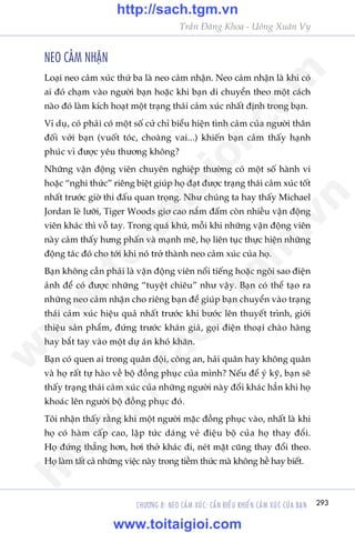 293
Trêìn Àùng Khoa - Uöng Xuên Vy
CHÛÚNG 8: NEO CAÃM XUÁC: CÊÌN ÀIÏÌU KHIÏÍN CAÃM XUÁC CUÃA BAÅN
NEO CAÃM NHÊÅN
Loaåi neo caãm xuác thûá ba laâ neo caãm nhêån. Neo caãm nhêån laâ khi coá
ai àoá chaåm vaâo ngûúâi baån hoùåc khi baån di chuyïín theo möåt caách
naâo àoá laâm kñch hoaåt möåt traång thaái caãm xuác nhêët àõnh trong baån.
Vñ duå, coá phaãi coá möåt söë cûã chó biïíu hiïån tònh caãm cuãa ngûúâi thên
àöëi vúái baån (vuöët toác, choaâng vai...) khiïën baån caãm thêëy haånh
phuác vò àûúåc yïu thûúng khöng?
Nhûäng vêån àöång viïn chuyïn nghiïåp thûúâng coá möåt söë haânh vi
hoùåc “nghi thûác” riïng biïåt giuáp hoå àaåt àûúåc traång thaái caãm xuác töët
nhêët trûúác giúâ thi àêëu quan troång. Nhû chuáng ta hay thêëy Michael
Jordan leâ lûúäi, Tiger Woods giú cao nùæm àêëm coân nhiïìu vêån àöång
viïn khaác thò vöî tay. Trong quaá khûá, möîi khi nhûäng vêån àöång viïn
naây caãm thêëy hûng phêën vaâ maånh meä, hoå liïn tuåc thûåc hiïån nhûäng
àöång taác àoá cho túái khi noá trúã thaânh neo caãm xuác cuãa hoå.
Baån khöng cêìn phaãi laâ vêån àöång viïn nöíi tiïëng hoùåc ngöi sao àiïån
aãnh àïí coá àûúåc nhûäng “tuyïåt chiïu” nhû vêåy. Baån coá thïí taåo ra
nhûäng neo caãm nhêån cho riïng baån àïí giuáp baån chuyïín vaâo traång
thaái caãm xuác hiïåu quaã nhêët trûúác khi bûúác lïn thuyïët trònh, giúái
thiïåu saãn phêím, àûáng trûúác khaán giaã, goåi àiïån thoaåi chaâo haâng
hay bùæt tay vaâo möåt dûå aán khoá khùn.
Baån coá quen ai trong quên àöåi, cöng an, haãi quên hay khöng quên
vaâ hoå rêët tûå haâo vïì böå àöìng phuåc cuãa mònh? Nïëu àïí yá kyä, baån seä
thêëy traång thaái caãm xuác cuãa nhûäng ngûúâi naây àöíi khaác hùèn khi hoå
khoaác lïn ngûúâi böå àöìng phuåc àoá.
Töi nhêån thêëy rùçng khi möåt ngûúâi mùåc àöìng phuåc vaâo, nhêët laâ khi
hoå coá haâm cêëp cao, lêåp tûác daáng veã àiïåu böå cuãa hoå thay àöíi.
Hoå àûáng thùèng hún, húi thúã khaác ài, neát mùåt cuäng thay àöíi theo.
Hoå laâm têët caã nhûäng viïåc naây trong tiïìm thûác maâ khöng hïì hay biïët.
w
w
w
.toitaigioi.com
http://sach.tgm
.vn
http://sach.tgm.vn
www.toitaigioi.com
 