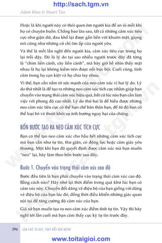 Adam Khoo & Stuart Tan
296 LAÂM CHUÃ TÛ DUY, THAY ÀÖÍI VÊÅN MÏÅNH
Hoùåc laâ khi ngûúâi naây coá thoái quen öm ngûúâi kia àïí an uãi möîi khi
hoå coá chuyïån buöìn. Chùèng bao lêu sau, têët caã nhûäng caãm xuác tiïu
cûåc nhû giêån dûä, àau khöí laåi àûúåc gùæn liïìn vúái khuön mùåt, gioång
noái cuäng nhû nhûäng cûã chó öm êëp cuãa ngûúâi yïu.
Vaâ thïë laâ möîi lêìn nghô àïën ngûúâi kia, caãm xuác tiïu cûåc trong hoå
laåi tröîi dêåy. Àoá laâ lyá do taåi sao nhiïìu ngûúâi trûúác àêy àaä tûâng
laâ “chim liïìn caánh, cêy liïìn caânh”, maâ bêy giúâ hïî nhòn thêëy mùåt
nhau laâ hoå laåi khöng kiïìm neán àûúåc nöîi bûåc böåi. Cuöëi cuâng, tònh
caãm trong hoå caån kiïåt vaâ hoå chia tay nhau.
Vò thïë, baån cêìn nùæm roä sûác maånh cuãa neo caãm xuác vò hai lyá do. Lyá
do thûá nhêët laâ àïí taåo ra nhûäng neo caãm xuác tñch cûåc nhùçm giuáp baån
chuyïín vaâo traång thaái caãm xuác hiïåu quaã, bêët cûá luác naâo baån cêìn laâm
viïåc vúái phong àöå cao nhêët. Lyá do thûá hai laâ àïí hiïíu àûúåc nhûäng
neo caãm xuác tiïu cûåc coá thïí haån chïë baãn thên baån, àïí tûâ àoá baån coá
thïí loaåi boã vaâ thoaát khoãi sûå aãnh hûúãng nguy haåi cuãa chuáng.
BÖËN BÛÚÁC TAÅO RA NEO CAÃM XUÁC TÑCH CÛÅC
Baån coá thïí taåo neo caãm xuác cho hêìu hïët nhûäng caãm xuác tñch cûåc
maâ baån cêìn nhû tûå tin, thû giaän, coá àöång lûåc hoùåc caãm giaác yïu
thûúng. Möåt khi baån àaä quyïët àõnh àûúåc caãm xuác maâ baån muöën
“neo” laåi, haäy laâm theo böën bûúác sau àêy.
Bûúác 1. Chuyïín vaâo traång thaái caãm xuác cao àöå
Bûúác àêìu tiïn laâ baån phaãi chuyïín vaâo traång thaái caãm xuác cao àöå.
Bùçng caách naâo? Haäy nhúá laåi thúâi àiïím trong quaá khûá luác baån coá
caãm xuác naây. Chuyïín àöíi daáng veã àiïåu böå cuãa baån giöëng vúái daáng
veã àiïåu böå cuãa baån luác àoá, àöìng thúâi àiïìu khiïín nhûäng giaác quan
nöåi taåi àïí tùng cûúâng àöå caãm xuác cuãa baån.
Giaã sûã baån muöën taåo ra neo caãm xuác àiïìm tônh tûå tin. Vêåy thò haäy
nghô túái lêìn cuöëi maâ baån caãm thêëy cûåc kyâ tûå tin trûúác àêy.
w
w
w
.toitaigioi.com
http://sach.tgm
.vn
http://sach.tgm.vn
www.toitaigioi.com
 