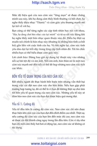 CHÛÚNG 8: NEO CAÃM XUÁC: CÊÌN ÀIÏÌU KHIÏÍN CAÃM XUÁC CUÃA BAÅN 299
Trêìn Àùng Khoa - Uöng Xuên Vy
Mûác àöå hiïåu quaã cuãa neo caãm xuác “laäng maån” seä àûúåc chûáng
minh sau naây, khi hoå àang caãm thêëy bònh thûúâng vaâ bêët chúåt, hoå
nghe thêëy àiïåu nhaåc “Titanic” vaâ caãm giaác yïu thûúng maånh meä
laåi trúã vïì vúái hoå.
Baån cuäng coá thïí tûâng nghe caác cùåp tònh nhên hay noái vúái nhau,
“Kòa, hoå àang chúi baãn nhaåc cuãa tuåi mònh” vaâ toã ra rêët xuác àöång khi
hoå nghe thêëy möåt baãn nhaåc quen thuöåc naâo àoá. Àiïìu hoå thêåt sûå
muöën noái chñnh laâ baãn nhaåc naây (thûúâng laâ nhûäng baãn tònh ca bêët
huã) gùæn liïìn vúái cuöåc tònh cuãa hoå. Vaâ khi nghe laåi, caãm xuác tònh
yïu daâo daåt laåi tröîi dêåy trong loâng cùåp tònh nhên àoá. Töi tin chùæc
nhiïìu baån coá thïí hiïíu àûúåc caãm giaác naây.
Lúâi caãnh baáo: Àûâng bao giúâ aáp duång kyä thuêåt naây vaâo nhûäng
nöîi súå haäi töåt àöå vaâ aám aãnh. Nöîi aám aãnh, baãn thên noá laâ möåt neo
caãm xuác maånh meä àïën nöîi coá thïí àeâ beåp nhûäng neo caãm xuác tñch
cûåc khaác.
BÖËN YÏËU TÖË QUAN TROÅNG CUÃA NEO CAÃM XUÁC
Rêët nhiïìu ngûúâi àaä thûåc haânh böën bûúác trïn nhûng vêîn thêët baåi
trong viïåc caâi àùåt neo caãm xuác cho baãn thên. Nïëu baån gùåp phaãi
trûúâng húåp tûúng tûå, àoá coá thïí laâ vò baån àaä khöng thêåt sûå chuá têm
túái böën yïëu töë quan troång cuãa neo caãm xuác. Nhûäng yïëu töë naây seä
àaãm baão neo caãm xuác cuãa baån àaåt àûúåc hiïåu quaã mong àúåi.
Yïëu töë 1: Cûúâng àöå
Yïëu töë àêìu tiïn laâ cûúâng àöå caãm xuác. Neo caãm xuác chó nïn àûúåc
thûåc hiïån khi caãm xuác cuãa baån àaåt àïën àónh àiïím cao nhêët. Thêåt sûå,
nïëu cûúâng àöå caãm xuác cuãa baån lïn àïën mûác àuã cao, neo caãm xuác
seä àûúåc caâi àùåt thaânh cöng ngay trong lêìn àêìu tiïn. Coân vñ duå nhû
baån chó múái caãm thêëy húi húi coá àöång lûåc, neo caãm xuác seä khöng coá
taác duång.
w
w
w
.toitaigioi.com
http://sach.tgm
.vn
http://sach.tgm.vn
www.toitaigioi.com
 