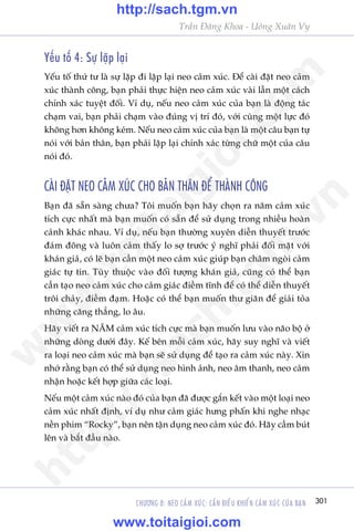 CHÛÚNG 8: NEO CAÃM XUÁC: CÊÌN ÀIÏÌU KHIÏÍN CAÃM XUÁC CUÃA BAÅN 301
Trêìn Àùng Khoa - Uöng Xuên Vy
Yïëu töë 4: Sûå lùåp laåi
Yïëu töë thûá tû laâ sûå lùåp ài lùåp laåi neo caãm xuác. Àïí caâi àùåt neo caãm
xuác thaânh cöng, baån phaãi thûåc hiïån neo caãm xuác vaâi lêìn möåt caách
chñnh xaác tuyïåt àöëi. Vñ duå, nïëu neo caãm xuác cuãa baån laâ àöång taác
chaåm vai, baån phaãi chaåm vaâo àuáng võ trñ àoá, vúái cuâng möåt lûåc àoá
khöng hún khöng keám. Nïëu neo caãm xuác cuãa baån laâ möåt cêu baån tûå
noái vúái baãn thên, baån phaãi lùåp laåi chñnh xaác tûâng chûä möåt cuãa cêu
noái àoá.
CAÂI ÀÙÅT NEO CAÃM XUÁC CHO BAÃN THÊN ÀÏÍ THAÂNH CÖNG
Baån àaä sùén saâng chûa? Töi muöën baån haäy choån ra nùm caãm xuác
tñch cûåc nhêët maâ baån muöën coá sùén àïí sûã duång trong nhiïìu hoaân
caãnh khaác nhau. Vñ duå, nïëu baån thûúâng xuyïn diïîn thuyïët trûúác
àaám àöng vaâ luön caãm thêëy lo súå trûúác yá nghô phaãi àöëi mùåt vúái
khaán giaã, coá leä baån cêìn möåt neo caãm xuác giuáp baån chêm ngoâi caãm
giaác tûå tin. Tuây thuöåc vaâo àöëi tûúång khaán giaã, cuäng coá thïí baån
cêìn taåo neo caãm xuác cho caãm giaác àiïìm tônh àïí coá thïí diïîn thuyïët
tröi chaãy, àiïìm àaåm. Hoùåc coá thïí baån muöën thû giaän àïí giaãi toãa
nhûäng cùng thùèng, lo êu.
Haäy viïët ra NÙM caãm xuác tñch cûåc maâ baån muöën lûu vaâo naäo böå úã
nhûäng doâng dûúái àêy. Kïë bïn möîi caãm xuác, haäy suy nghô vaâ viïët
ra loaåi neo caãm xuác maâ baån seä sûã duång àïí taåo ra caãm xuác naây. Xin
nhúá rùçng baån coá thïí sûã duång neo hònh aãnh, neo êm thanh, neo caãm
nhêån hoùåc kïët húåp giûäa caác loaåi.
Nïëu möåt caãm xuác naâo àoá cuãa baån àaä àûúåc gùæn kïët vaâo möåt loaåi neo
caãm xuác nhêët àõnh, vñ duå nhû caãm giaác hûng phêën khi nghe nhaåc
nïìn phim “Rocky”, baån nïn têån duång neo caãm xuác àoá. Haäy cêìm buát
lïn vaâ bùæt àêìu naâo.
w
w
w
.toitaigioi.com
http://sach.tgm
.vn
http://sach.tgm.vn
www.toitaigioi.com
 