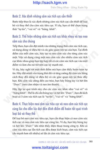 CHÛÚNG 8: NEO CAÃM XUÁC: CÊÌN ÀIÏÌU KHIÏÍN CAÃM XUÁC CUÃA BAÅN 305
Trêìn Àùng Khoa - Uöng Xuên Vy
Bûúác 2. Xaác àõnh nhûäng caãm xuác tñch cûåc cêìn thiïët
Bûúác tiïëp theo laâ xaác àõnh nhûäng caãm xuác tñch cûåc cêìn thiïët àïí loaåi
boã vaâ thay thïë cho caãm xuác tiïu cûåc. Vñ duå, baån coá thïí choån traång
thaái “tûå tin”, “vui veã” vaâ “hûáng khúãi”.
Bûúác 3. Thïí hiïån nhûäng caãm xuác tñch cûåc khaác nhau vaâ taåo neo
caãm xuác cho chuáng
Tiïëp theo, baån cêìn àùåt mònh vaâo nhûäng traång thaái caãm xuác tñch cûåc,
sûã duång daáng veã àiïåu böå vaâ caác giaác quan nöåi taåi cuãa baån. Taåi àónh
àiïím cuãa möîi caãm xuác, haäy taåo ra neo caãm xuác cho tûâng caãm xuác
möåt. Viïåc sûã duång cuâng möåt neo caãm xuác cho nhiïìu caãm xuác tñch
cûåc khaác nhau giuáp baån têåp húåp têët caã caác caãm xuác tñch cûåc vaâo möåt
àiïím vaâ laâm cho noá trúã nïn cûåc kyâ maånh meä.
Vñ duå, haäy nghô túái möåt thúâi àiïím maâ baån caãm thêëy hoaân toaân tûå
tin. Haäy àùåt mònh vaâo traång thaái àoá vaâ tùng cûúâng àöå caãm xuác bùçng
caách thay àöíi daáng veã àiïåu böå vaâ caác giaác quan nöåi taåi thuác àêíy
baån. Khi caãm xuác dêng àïën cao traâo, baån haäy buáng tay vaâ heát lïn
“Àûúåc!” (neo caãm nhêån vaâ neo êm thanh).
Haäy lùåp laåi quaá trònh naây cho caác caãm xuác khaác nhû “vui veã” vaâ
“hûáng khúãi”. Thïë laâ chó cêìn buáng tay vaâ heát lïn “Àûúåc!”, baån àaä kñch
hoaåt caã 3 caãm xuác tñch cûåc laâ “tûå tin”, “vui veã” vaâ “hûáng khúãi”.
Bûúác 4. Thûåc hiïån neo caãm xuác tiïu cûåc vaâ neo caãm xuác tñch cûåc
cuâng luác cho àïën luác àaåt àïën àónh àiïím àïí hoaân têët quaá trònh
loaåi boã vaâ thay thïë
Àïí loaåi boã neo caãm xuác tiïu cûåc, baån cêìn thûåc hiïån caã neo caãm xuác
tñch cûåc vaâ neo caãm xuác tiïu cûåc cuâng luác. Vñ duå, baån haäy buáng tay
vaâ heát lïn “Àûúåc!” khi nhòn thêëy àiïån thoaåi trong cöng ty. Khi caã
caãm xuác tiïu cûåc lêîn tñch cûåc àïìu àûúåc kñch hoaåt, caãm xuác tñch cûåc
(do maånh hún rêët nhiïìu) seä lêën aát caãm xuác tiïu cûåc.
w
w
w
.toitaigioi.com
http://sach.tgm
.vn
http://sach.tgm.vn
www.toitaigioi.com
 