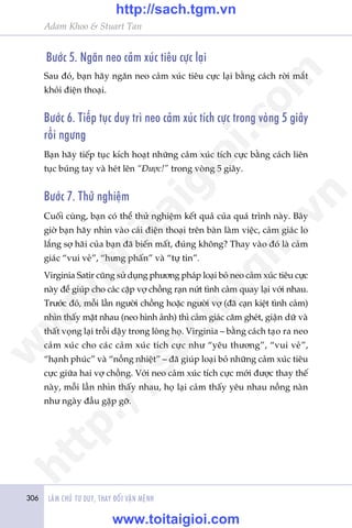 306 LAÂM CHUÃ TÛ DUY, THAY ÀÖÍI VÊÅN MÏÅNH
Adam Khoo & Stuart Tan
Bûúác 5. Ngùn neo caãm xuác tiïu cûåc laåi
Sau àoá, baån haäy ngùn neo caãm xuác tiïu cûåc laåi bùçng caách rúâi mùæt
khoãi àiïån thoaåi.
Bûúác 6. Tiïëp tuåc duy trò neo caãm xuác tñch cûåc trong voâng 5 giêy
röìi ngûng
Baån haäy tiïëp tuåc kñch hoaåt nhûäng caãm xuác tñch cûåc bùçng caách liïn
tuåc buáng tay vaâ heát lïn “Àûúåc!” trong voâng 5 giêy.
Bûúác 7. Thûã nghiïåm
Cuöëi cuâng, baån coá thïí thûã nghiïåm kïët quaã cuãa quaá trònh naây. Bêy
giúâ baån haäy nhòn vaâo caái àiïån thoaåi trïn baân laâm viïåc, caãm giaác lo
lùæng súå haäi cuãa baån àaä biïën mêët, àuáng khöng? Thay vaâo àoá laâ caãm
giaác “vui veã”, “hûng phêën” vaâ “tûå tin”.
Virginia Satir cuäng sûã duång phûúng phaáp loaåi boã neo caãm xuác tiïu cûåc
naây àïí giuáp cho caác cùåp vúå chöìng raån nûát tònh caãm quay laåi vúái nhau.
Trûúác àoá, möîi lêìn ngûúâi chöìng hoùåc ngûúâi vúå (àaä caån kiïåt tònh caãm)
nhòn thêëy mùåt nhau (neo hònh aãnh) thò caãm giaác cùm gheát, giêån dûä vaâ
thêët voång laåi tröîi dêåy trong loâng hoå. Virginia – bùçng caách taåo ra neo
caãm xuác cho caác caãm xuác tñch cûåc nhû “yïu thûúng”, “vui veã”,
“haånh phuác” vaâ “nöìng nhiïåt” – àaä giuáp loaåi boã nhûäng caãm xuác tiïu
cûåc giûäa hai vúå chöìng. Vúái neo caãm xuác tñch cûåc múái àûúåc thay thïë
naây, möîi lêìn nhòn thêëy nhau, hoå laåi caãm thêëy yïu nhau nöìng naân
nhû ngaây àêìu gùåp gúä.
w
w
w
.toitaigioi.com
http://sach.tgm
.vn
http://sach.tgm.vn
www.toitaigioi.com
 
