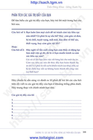 CHÛÚNG 10: CAÁC GIAÁ TRÕ SÖËNG: ÀÖÅNG LÛÅC PHÊËN ÀÊËU CUÃA BAÅN 355
Trêìn Àùng Khoa - Uöng Xuên Vy
Haäy chuêín bõ sùén saâng vaâ daânh ra 10 phuát àïí traã lúâi caác cêu hoãi
trïn röìi viïët ra caác giaá trõ àêíy cuãa baån úã khoaãng tröëng phña dûúái.
Haäy trung thûåc vúái chñnh mònh baån nheá.
PHÊN TÑCH CAÁC GIAÁ TRÕ ÀÊÍY CUÃA BAÅN
Àïí tòm hiïíu caác giaá trõ àêíy cuãa baån, haäy traã lúâi möåt trong hai cêu
hoãi sau.
Caác giaá trõ àêíy cuãa töi
1......................................................................................................................
2......................................................................................................................
3......................................................................................................................
4......................................................................................................................
5......................................................................................................................
6......................................................................................................................
7......................................................................................................................
Cêu hoãi söë 1:	Baån luön laâm moåi caách àïí neá traánh caãm xuác tiïu cûåc
naâo nhêët? Coá phaãi laâ sûå xêëu höí? Hay caãm giaác cö àún,
bõ tûâ chöëi, tuyïåt voång, mêët maát, àau àúán vïì thïí xaác,
thêët voång, hay caãm giaác töåi löîi?
Hoùåc
Cêu hoãi söë 2: 	 Haäy nghô vïì lêìn cuöëi cuâng baån caãm thêëy coá àöång lûåc
laâm möåt viïåc gò àoá, àoá laâ vò baån muöën traánh xa caãm
xuác tiïu cûåc naâo?
Giaã sûã coá lêìn baån laâm viïåc rêët hùng haái cho möåt dûå aán.
Caãm xuác tiïu cûåc naâo àaä thuác àêíy baån hoaân thaânh dûå
aán àoá? Coá phaãi laâ nöîi súå bõ khiïín traách (súå nhuåc nhaä, súå
bõ tûâ chöëi) hay nöîi súå khöng hoaân thaânh töët cöng viïåc
(súå thêët baåi)?
w
w
w
.toitaigioi.com
http://sach.tgm
.vn
http://sach.tgm.vn
www.toitaigioi.com
 