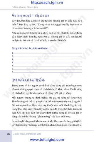 356 LAÂM CHUÃ TÛ DUY, THAY ÀÖÍI VÊÅN MÏÅNH
Adam Khoo & Stuart Tan
Xïëp haång caác giaá trõ àêíy cuãa baån
Bêy giúâ, baån haäy àaánh söë thûá tûå cho nhûäng giaá trõ àêíy naây tûâ 1
àïën 7. Baån haäy tûå hoãi, “Trong têët caã nhûäng giaá trõ àêíy àûúåc nïu ra,
töi muöën neá traánh giaá trõ naâo nhêët?”.
Nïëu caãm giaác bõ khûúác tûâ laâ àiïìu baån súå haäi nhêët thò noá seä àûáng
àêìu danh saách. Sau àoá, baån xem laåi nhûäng giaá trõ àêíy coân laåi, traã
lúâi laåi cêu hoãi àoá vaâ àaánh söë tiïëp theo cho àïën hïët.
Caác giaá trõ àêíy cuãa töi (theo thûá tûå)
1......................................................................................................................
2......................................................................................................................
3......................................................................................................................
4......................................................................................................................
5......................................................................................................................
6......................................................................................................................
7......................................................................................................................
ÀÕNH NGHÔA CAÁC GIAÁ TRÕ SÖËNG
Trong thûåc tïë, hai ngûúâi coá thïí coá cuâng baãng giaá trõ söëng nhûng
vêîn coá nhûäng quyïët àõnh vaâ caách haânh xûã khaác nhau. Àoá laâ vò hoå
coá caách àõnh nghôa khaác nhau vïì cuâng möåt giaá trõ söëng.
Möîi ngûúâi chuáng ta àõnh nghôa caác giaá trõ söëng rêët khaác biïåt.
Thaânh cöng coá thïí coá yá nghôa A àöëi vúái ngûúâi naây vaâ yá nghôa B
àöëi vúái ngûúâi kia. Àiïìu naây tuây thuöåc vaâo möëi liïn kïët giûäa möåt
traång thaái caãm xuác vúái möåt yá nghôa naâo àoá trong hïå thêìn kinh cuãa
baån. Chó khi naâo baån tòm àûúåc àõnh nghôa saáng toã vïì caác giaá trõ
söëng cuãa mònh, nhûäng “phñm noáng” cuãa baån múái löå ra.
Baån coá nghô rùçng ca sô Madonna vaâ Meå Theresa coá cuâng giaá trõ keáo
laâ “thaânh cöng” khöng? Coá thïí lùæm chûá. Nhûng sao chuyïån àoá laåi
w
w
w
.toitaigioi.com
http://sach.tgm
.vn
http://sach.tgm.vn
www.toitaigioi.com
 