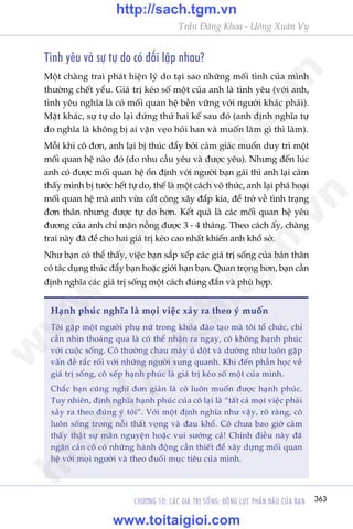 CHÛÚNG 10: CAÁC GIAÁ TRÕ SÖËNG: ÀÖÅNG LÛÅC PHÊËN ÀÊËU CUÃA BAÅN 363
Trêìn Àùng Khoa - Uöng Xuên Vy
Tònh yïu vaâ sûå tûå do coá àöëi lêåp nhau?
Möåt chaâng trai phaát hiïån lyá do taåi sao nhûäng möëi tònh cuãa mònh
thûúâng chïët yïíu. Giaá trõ keáo söë möåt cuãa anh laâ tònh yïu (vúái anh,
tònh yïu nghôa laâ coá möëi quan hïå bïìn vûäng vúái ngûúâi khaác phaái).
Mùåt khaác, sûå tûå do laåi àûáng thûá hai kïë sau àoá (anh àõnh nghôa tûå
do nghôa laâ khöng bõ ai vùån veåo hoãi han vaâ muöën laâm gò thò laâm).
Möîi khi cö àún, anh laåi bõ thuác àêíy búãi caãm giaác muöën duy trò möåt
möëi quan hïå naâo àoá (do nhu cêìu yïu vaâ àûúåc yïu). Nhûng àïën luác
anh coá àûúåc möëi quan hïå öín àõnh vúái ngûúâi baån gaái thò anh laåi caãm
thêëy mònh bõ tûúác hïët tûå do, thïë laâ möåt caách vö thûác, anh laåi phaá hoaåi
möëi quan hïå maâ anh vûâa cêët cöng xêy àùæp kia, àïí trúã vïì tònh traång
àún thên nhûng àûúåc tûå do hún. Kïët quaã laâ caác möëi quan hïå yïu
àûúng cuãa anh chó mùån nöìng àûúåc 3 - 4 thaáng. Theo caách êëy, chaâng
trai naây àaä àïí cho hai giaá trõ keáo cao nhêët khiïën anh khöí súã.
Nhû baån coá thïí thêëy, viïåc baån sùæp xïëp caác giaá trõ söëng cuãa baãn thên
coá taác duång thuác àêíy baån hoùåc giúái haån baån. Quan troång hún, baån cêìn
àõnh nghôa caác giaá trõ söëng möåt caách àuáng àùæn vaâ phuâ húåp.
Haånh phuác nghôa laâ moåi viïåc xaãy ra theo yá muöën
Töi gùåp möåt ngûúâi phuå nûä trong khoáa àaâo taåo maâ töi töí chûác, chó
cêìn nhòn thoaáng qua laâ coá thïí nhêån ra ngay, cö khöng haånh phuác
vúái cuöåc söëng. Cö thûúâng chau maây uã döåt vaâ dûúâng nhû luön gùåp
vêën àïì rùæc röëi vúái nhûäng ngûúâi xung quanh. Khi àïën phêìn hoåc vïì
giaá trõ söëng, cö xïëp haånh phuác laâ giaá trõ keáo söë möåt cuãa mònh.
Chùæc baån cuäng nghô àún giaãn laâ cö luön muöën àûúåc haånh phuác.
Tuy nhiïn, àõnh nghôa haånh phuác cuãa cö laåi laâ “têët caã moåi viïåc phaãi
xaãy ra theo àuáng yá töi”. Vúái möåt àõnh nghôa nhû vêåy, roä raâng, cö
luön söëng trong nöîi thêët voång vaâ àau khöí. Cö chûa bao giúâ caãm
thêëy thêåt sûå maän nguyïån hoùåc vui sûúáng caã! Chñnh àiïìu naây àaä
ngùn caãn cö coá nhûäng haânh àöång cêìn thiïët àïí xêy dûång möëi quan
hïå vúái moåi ngûúâi vaâ theo àuöíi muåc tiïu cuãa mònh.
w
w
w
.toitaigioi.com
http://sach.tgm
.vn
http://sach.tgm.vn
www.toitaigioi.com
 