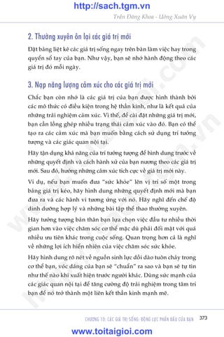 CHÛÚNG 10: CAÁC GIAÁ TRÕ SÖËNG: ÀÖÅNG LÛÅC PHÊËN ÀÊËU CUÃA BAÅN 373
Trêìn Àùng Khoa - Uöng Xuên Vy
2. Thûúâng xuyïn ön laåi caác giaá trõ múái
Àùåt baãng liïåt kï caác giaá trõ söëng ngay trïn baân laâm viïåc hay trong
quyïín söí tay cuãa baån. Nhû vêåy, baån seä nhúá haânh àöång theo caác
giaá trõ àoá möîi ngaây.
3. Naåp nùng lûúång caãm xuác cho caác giaá trõ múái
Chùæc baån coân nhúá laâ caác giaá trõ cuãa baån àûúåc hònh thaânh búãi
caác mö thûác coá àiïìu kiïån trong hïå thêìn kinh, nhû laâ kïët quaã cuãa
nhûäng traãi nghiïåm caãm xuác. Vò thïë, àïí caâi àùåt nhûäng giaá trõ múái,
baån cêìn löìng gheáp nhiïìu traång thaái caãm xuác vaâo àoá. Baån coá thïí
taåo ra caác caãm xuác maâ baån muöën bùçng caách sûã duång trñ tûúãng
tûúång vaâ caác giaác quan nöåi taåi.
Haäy têån duång khaã nùng cuãa trñ tûúãng tûúång àïí hònh dung trûúác vïì
nhûäng quyïët àõnh vaâ caách haânh xûã cuãa baån nûúng theo caác giaá trõ
múái. Sau àoá, hûúáng nhûäng caãm xuác tñch cûåc vïì giaá trõ múái naây.
Vñ duå, nïëu baån muöën àûa “sûác khoãe” lïn võ trñ söë möåt trong
baãng giaá trõ keáo, haäy hònh dung nhûäng quyïët àõnh múái maâ baån
àûa ra vaâ caác haânh vi tûúng ûáng vúái noá. Haäy nghô àïën chïë àöå
dinh dûúäng húåp lyá vaâ nhûäng baâi têåp thïí thao thûúâng xuyïn.
Haäy tûúãng tûúång baãn thên baån lûåa choån viïåc àêìu tû nhiïìu thúâi
gian hún vaâo viïåc chùm soác cú thïí mùåc duâ phaãi àöëi mùåt vúái quaá
nhiïìu ûu tiïn khaác trong cuöåc söëng. Quan troång hún caã laâ nghô
vïì nhûäng lúåi ñch hiïín nhiïn cuãa viïåc chùm soác sûác khoãe.
Haäy hònh dung roä neát vïì nguöìn sinh lûåc döìi daâo tuön chaãy trong
cú thïí baån, voác daáng cuãa baån seä “chuêín” ra sao vaâ baån seä tûå tin
nhû thïë naâo khi xuêët hiïån trûúác ngûúâi khaác. Duâng sûác maånh cuãa
caác giaác quan nöåi taåi àïí tùng cûúâng àöå traãi nghiïåm trong têm trñ
baån àïí noá trúã thaânh möåt liïn kïët thêìn kinh maånh meä.
w
w
w
.toitaigioi.com
http://sach.tgm
.vn
http://sach.tgm.vn
www.toitaigioi.com
 