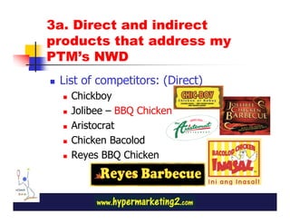 3a. Direct and indirect
products that address my
PTM’s NWD
 List of competitors: (Direct)
   Chickboy
   Jolibee – BBQ Chicken
   Aristocrat
   Chicken Bacolod
   Reyes BBQ Chicken
 