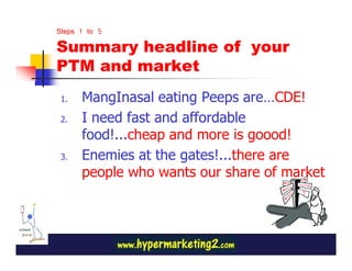 Steps 1 to 5
Summary headline of your
PTM and market
 1.   MangInasal eating Peeps are…CDE!
 2.   I need fast and affordable
      food!...cheap and more is goood!
 3.   Enemies at the gates!...there are
      people who wants our share of market
 