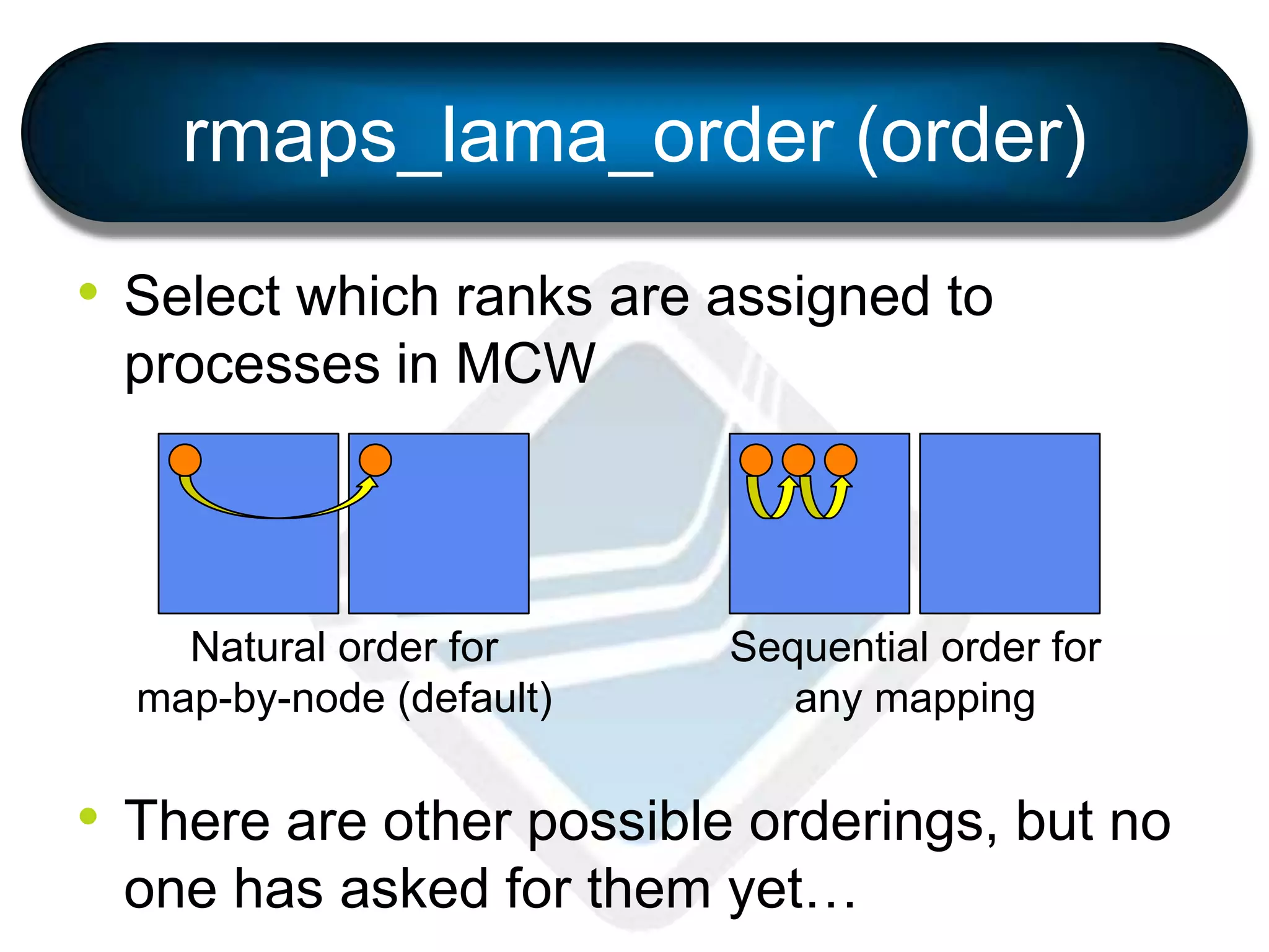 rmaps_lama_order (order)
• Select which ranks are assigned to
processes in MCW
• There are other possible orderings, but no
one has asked for them yet…
Natural order for
map-by-node (default)
Sequential order for
any mapping
 