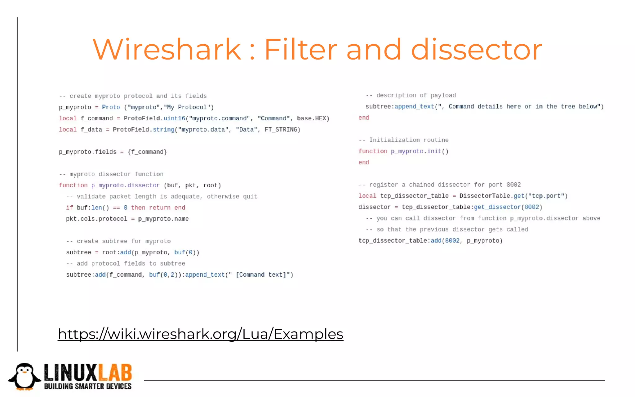 Wireshark : Filter and dissector
https://wiki.wireshark.org/Lua/Examples
 