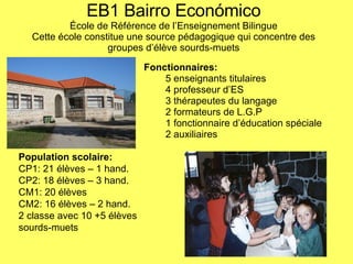 EB1 Bairro Económico École de Référence de l’Enseignement Bilingue Cette école constitue une source pédagogique qui concentre des groupes d’élève sourds-muets Fonctionnaires: 5 enseignants titulaires 4 professeur d’ES 3 thérapeutes du langage  2 formateurs de L.G.P 1 fonctionnaire d’éducation spéciale 2 auxiliaires Population scolaire: CP1: 21 élèves – 1 hand. CP2: 18 élèves – 3 hand. CM1: 20 élèves  CM2: 16 élèves – 2 hand. 2 classe avec 10 +5 élèves  sourds-muets 