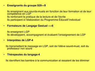Enseignants du groupe 920—9 Ils enseignent aux sourds-muets en fonction de leur formation et de leur compétence en LGP Ils renforcent la pratique de la lecture et de l’écrite Ils participent à l’élaboration du Programme Éducatif Individuel Formateurs de Langage Gestuel ----6 Ils enseignent LGP Ils développent, accompagnent et évaluent l’enseignement de LGP Interprètes de LGP-4 Ils transmettent le message en LGP, soit de l’élève sourd-muet, soit du professeur non sourd Thérapeutes du langage-4 Ils identifient les barrière à la communication et essaient de les éliminer 