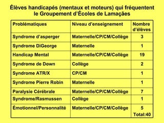 Élèves handicapés (mentaux et moteurs) qui fréquentent le Groupement d’Écoles de Lamaçães Problématiques Niveau d’enseignement Nombre d’élèves Syndrome d’asperger Maternelle/CP/CM/Collège 3 Syndrome DiGeorge Maternelle 1 Handicap Mental Maternelle/CP/CM/Collège 19 Syndrome de Down Collège 2 Syndrome ATR/X CP/CM 1 Syndrome Pierre Robin Maternelle 1 Paralysie Cérébrale Maternelle/CP/CM/Collège 7 Syndrome/Rasmussen Collège 1 Émotionnel/Personnalité Maternelle/CP/CM/Collège 5 Total:40 