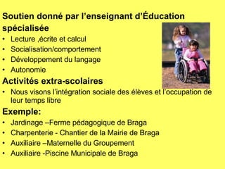 Soutien donné par l’enseignant d’Éducation spécialisée Lecture ,écrite et calcul  Socialisation/comportement Développement du langage Autonomie Activités extra-scolaires Nous visons l’intégration sociale des élèves et l’occupation de leur temps libre Exemple: Jardinage –Ferme pédagogique de Braga Charpenterie - Chantier de la Mairie de Braga Auxiliaire –Maternelle du Groupement Auxiliaire -Piscine Municipale de Braga 