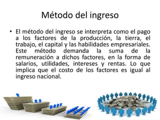Método del ingreso
• El método del ingreso se interpreta como el pago
a los factores de la producción, la tierra, el
trabajo, el capital y las habilidades empresariales.
Este método demanda la suma de la
remuneración a dichos factores, en la forma de
salarios, utilidades, intereses y rentas. Lo que
implica que el costo de los factores es igual al
ingreso nacional.
 