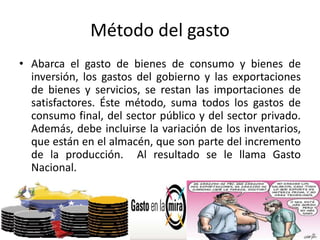 Método del gasto
• Abarca el gasto de bienes de consumo y bienes de
inversión, los gastos del gobierno y las exportaciones
de bienes y servicios, se restan las importaciones de
satisfactores. Éste método, suma todos los gastos de
consumo final, del sector público y del sector privado.
Además, debe incluirse la variación de los inventarios,
que están en el almacén, que son parte del incremento
de la producción. Al resultado se le llama Gasto
Nacional.
 
