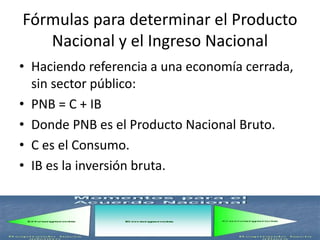 Fórmulas para determinar el Producto
Nacional y el Ingreso Nacional
• Haciendo referencia a una economía cerrada,
sin sector público:
• PNB = C + IB
• Donde PNB es el Producto Nacional Bruto.
• C es el Consumo.
• IB es la inversión bruta.
 