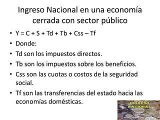 Ingreso Nacional en una economía
cerrada con sector público
• Y = C + S + Td + Tb + Css – Tf
• Donde:
• Td son los impuestos directos.
• Tb son los impuestos sobre los beneficios.
• Css son las cuotas o costos de la seguridad
social.
• Tf son las transferencias del estado hacia las
economías domésticas.
 