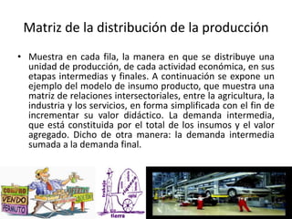 Matriz de la distribución de la producción
• Muestra en cada fila, la manera en que se distribuye una
unidad de producción, de cada actividad económica, en sus
etapas intermedias y finales. A continuación se expone un
ejemplo del modelo de insumo producto, que muestra una
matriz de relaciones intersectoriales, entre la agricultura, la
industria y los servicios, en forma simplificada con el fin de
incrementar su valor didáctico. La demanda intermedia,
que está constituida por el total de los insumos y el valor
agregado. Dicho de otra manera: la demanda intermedia
sumada a la demanda final.
 