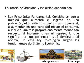La Teoría Keynesiana y los ciclos económicos
• Ley Psicológica Fundamental. Consiste en que a
medida que aumenta el ingreso de una
población, ellos están dispuestos, por lo general,
a aumentar en una cantidad mayor el consumo,
aunque a una tasa proporcionalmente menor con
respecto al incremento en el ingreso, lo que
significa que un porcentaje será destinado al
ahorro. De ésta Ley Psicológica surgen los
fundamentos del Sistema Económico.
 