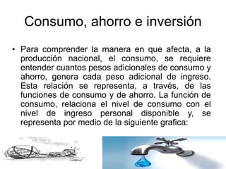 Consumo, ahorro e inversión
• Para comprender la manera en que afecta, a la
producción nacional, el consumo, se requiere
entender cuantos pesos adicionales de consumo y
ahorro, genera cada peso adicional de ingreso.
Esta relación se representa, a través, de las
funciones de consumo y de ahorro. La función de
consumo, relaciona el nivel de consumo con el
nivel de ingreso personal disponible y, se
representa por medio de la siguiente grafica:
 