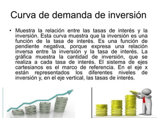 Curva de demanda de inversión
• Muestra la relación entre las tasas de interés y la
inversión. Esta curva muestra que la inversión es una
función de la tasa de interés. Es una función de
pendiente negativa, porque expresa una relación
inversa entre la inversión y la tasa de interés. La
gráfica muestra la cantidad de inversión, que se
realiza a cada tasa de interés. El sistema de ejes
cartesianos es el marco de referencia. En el eje x
están representados los diferentes niveles de
inversión y, en el eje vertical, las tasas de interés.
 