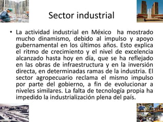 Sector industrial
• La actividad industrial en México ha mostrado
mucho dinamismo, debido al impulso y apoyo
gubernamental en los últimos años. Esto explica
el ritmo de crecimiento y el nivel de excelencia
alcanzado hasta hoy en día, que se ha reflejado
en las obras de infraestructura y en la inversión
directa, en determinadas ramas de la industria. El
sector agropecuario reclama el mismo impulso
por parte del gobierno, a fin de evolucionar a
niveles similares. La falta de tecnología propia ha
impedido la industrialización plena del país.
 