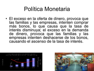 Política Monetaria
• El exceso en la oferta de dinero, provoca que
las familias y las empresas, intenten comprar
más bonos, lo que causa que la tasa de
interés disminuya; el exceso en la demanda
de dinero, provoca que las familias y las
empresas intenten deshacerse de los bonos,
causando el ascenso de la tasa de interés.
 