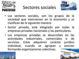 Sectores sociales
• Los sectores sociales, son los grupos de la
sociedad que intervienen en la economía y se
clasifican de la siguiente manera:
• Sector privado, está integrado por todas la
empresas privadas nacionales y las particulares.
• Las empresas privadas se desarrollan en las
actividades industriales, comerciales o de
servicios. Estas adquieren carácter jurídico
individual, cuando se agrupan y asocian
formando organizaciones colectivas.
 
