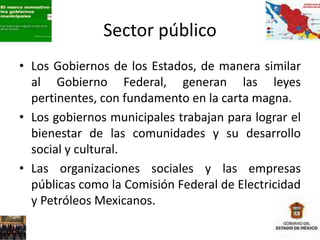 Sector público
• Los Gobiernos de los Estados, de manera similar
al Gobierno Federal, generan las leyes
pertinentes, con fundamento en la carta magna.
• Los gobiernos municipales trabajan para lograr el
bienestar de las comunidades y su desarrollo
social y cultural.
• Las organizaciones sociales y las empresas
públicas como la Comisión Federal de Electricidad
y Petróleos Mexicanos.
 