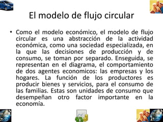 El modelo de flujo circular
• Como el modelo económico, el modelo de flujo
circular es una abstracción de la actividad
económica, como una sociedad especializada, en
la que las decisiones de producción y de
consumo, se toman por separado. Enseguida, se
representan en el diagrama, el comportamiento
de dos agentes economicos: las empresas y los
hogares. La función de los productores es
producir bienes y servicios, para el consumo de
las familias. Estas son unidades de consumo que
desempeñan otro factor importante en la
economía.
 