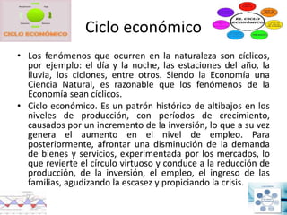 Ciclo económico
• Los fenómenos que ocurren en la naturaleza son cíclicos,
por ejemplo: el día y la noche, las estaciones del año, la
lluvia, los ciclones, entre otros. Siendo la Economía una
Ciencia Natural, es razonable que los fenómenos de la
Economía sean cíclicos.
• Ciclo económico. Es un patrón histórico de altibajos en los
niveles de producción, con períodos de crecimiento,
causados por un incremento de la inversión, lo que a su vez
genera el aumento en el nivel de empleo. Para
posteriormente, afrontar una disminución de la demanda
de bienes y servicios, experimentada por los mercados, lo
que revierte el círculo virtuoso y conduce a la reducción de
producción, de la inversión, el empleo, el ingreso de las
familias, agudizando la escasez y propiciando la crisis.
 