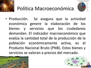 Política Macroeconómica
• Producción. Se asegura que la actividad
económica genere la elaboración de los
bienes y servicios que los ciudadanos
demandan. El indicador macroeconómico que
evalúa la cantidad total de la producción de la
población económicamente activa, es el
Producto Nacional Bruto (PNB). Estos bienes y
servicios se valoran a precios del mercado.
 