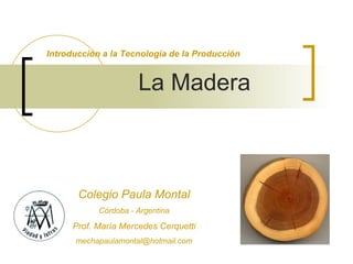 La Madera Introducción a la Tecnología de la Producción Colegio Paula Montal Córdoba - Argentina Prof. María Mercedes Cerquetti [email_address] 