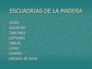 ESCUADRÍAS DE LA MADERA
 VIGAS
 VIGUETAS
 TABLONES
 LISTONES
 TABLAS
 LATAS
 CHAPAS
 MADERA DE RAJA
 