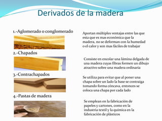 Derivados de la madera
1.-Aglomerado o conglomerado   Aportan múltiples ventajas entre las que
                               esta que es mas económica que la
                               madera, no se deforman con la humedad
                               o el calor y son mas fáciles de trabajar
2.-Chapados
                               Consiste en encolar una lámina delgada de
                               una madera cuyas fibras formen un dibujo
                               atractivo sobre una madera ordinaria
3.-Contrachapados
                               Se utiliza para evitar que al poner una
                               chapa sobre un lado la base se contraiga
                               tomando forma cóncava, entonces se
                               coloca una chapa por cada lado
4.-Pastas de madera
                               Se emplean en la fabricación de
                               papeles y cartones, como en la
                               industria textil y la química en la
                               fabricación de plásticos
 