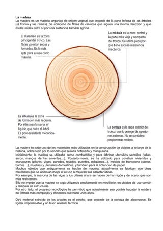 La madera
La madera es un material orgánico de origen vegetal que procede de la parte leñosa de los árboles
(el tronco y las ramas). Se compone de fibras de celulosa que siguen una misma dirección y que
están unidas entre sí por una sustancia llamada lignina.
La madera ha sido uno de los materiales más utilizados en la construcción de objetos a lo largo de la
historia, sobre todo por lo sencillo que resulta obtenerla y manipularla.
Inicialmente, la madera se utilizaba como combustible y para fabricar utensilios sencillos (tallas,
arcos, mangos de herramientas…). Posteriormente, se ha utilizado para construir viviendas y
estructuras (pilares, vigas, paredes, tejados, puentes, máquinas…), medios de transporte (carros,
barcos…), muebles y utensilios domésticos, y también para la obtención de papel.
Muchos objetos que antiguamente se hacían de madera, actualmente se fabrican con otros
materiales que se adecuan mejor a su uso o mejoran sus características.
Por ejemplo, la mayoría de las vigas y los pilares ahora se hacen de hormigón y de acero, que son
más resistentes.
Ello no impide que la madera se siga utilizando ampliamente en mobiliario, en objetos de uso común
y también en estructuras.
Por otro lado, el progreso tecnológico ha permitido que actualmente sea posible trabajar la madera
de formas más complejas y eficientes que hace unos años.
Otro material extraído de los árboles es el corcho, que procede de la corteza del alcornoque. Es
ligero, impermeable y un buen aislante térmico.
 