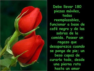 Debe llevar 180 piezas móviles, todas reemplazables, funcionar a base de café negro y de las sobras de la comida. Poseer un regazo que desaparezca cuando se ponga de pie; un beso capaz de curarlo todo, desde una pierna rota hasta un amor frustrado….y  6 pares de manos. 