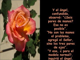Y el ángel, confundido, observó: “¿Seis pares de manos? Eso no es posible”. “ No son las manos el problema, agregó el Señor, sino los tres pares de ojos”. “ Y eso, ¿ para el modelo normal?, inquirió el ángel. 