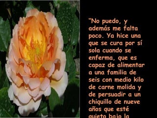 “ No puedo, y además me falta poco. Ya hice una que se cura por sí sola cuando se enferma, que es capaz de alimentar a una familia de seis con medio kilo de carne molida y de persuadir a un chiquillo de nueve años que esté quieto bajo la ducha”. 