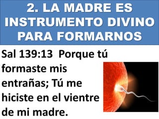 2. LA MADRE ES
INSTRUMENTO DIVINO
PARA FORMARNOS
Sal 139:13 Porque tú
formaste mis
entrañas; Tú me
hiciste en el vientre
de mi madre.
 