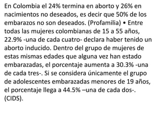 En Colombia el 24% termina en aborto y 26% en
nacimientos no deseados, es decir que 50% de los
embarazos no son deseados. (Profamilia) • Entre
todas las mujeres colombianas de 15 a 55 años,
22.9% -una de cada cuatro- declara haber tenido un
aborto inducido. Dentro del grupo de mujeres de
estas mismas edades que alguna vez han estado
embarazadas, el porcentaje aumenta a 30.3% -una
de cada tres-. Si se considera únicamente el grupo
de adolescentes embarazadas menores de 19 años,
el porcentaje llega a 44.5% –una de cada dos-.
(CIDS).
 