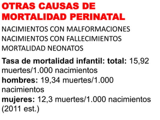 OTRAS CAUSAS DE
MORTALIDAD PERINATAL
NACIMIENTOS CON MALFORMACIONES
NACIMIENTOS CON FALLECIMIENTOS
MORTALIDAD NEONATOS
Tasa de mortalidad infantil: total: 15,92
muertes/1.000 nacimientos
hombres: 19,34 muertes/1.000
nacimientos
mujeres: 12,3 muertes/1.000 nacimientos
(2011 est.)
 