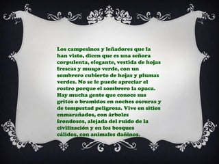 Los campesinos y leñadores que la han visto, dicen que es una señora corpulenta, elegante, vestida de hojas frescas y musgo verde, con un sombrero cubierto de hojas y plumas verdes. No se le puede apreciar el rostro porque el sombrero la opaca. Hay mucha gente que conoce sus gritos o bramidos en noches oscuras y de tempestad peligrosa. Vive en sitios enmarañados, con árboles frondosos, alejada del ruido de la civilización y en los bosques cálidos, con animales dañinos.