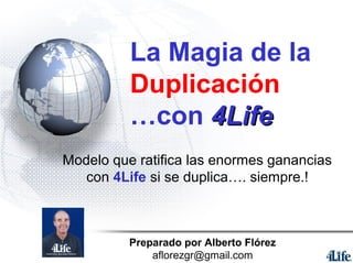 La Magia de la
Duplicación
…con 4Life4Life
Modelo que ratifica las enormes ganancias
con 4Life si se duplica…. siempre.!
Preparado por Alberto Flórez
aflorezgr@gmail.com
 