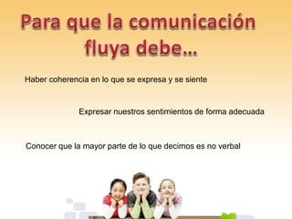 Haber coherencia en lo que se expresa y se siente
Expresar nuestros sentimientos de forma adecuada
Conocer que la mayor parte de lo que decimos es no verbal
 